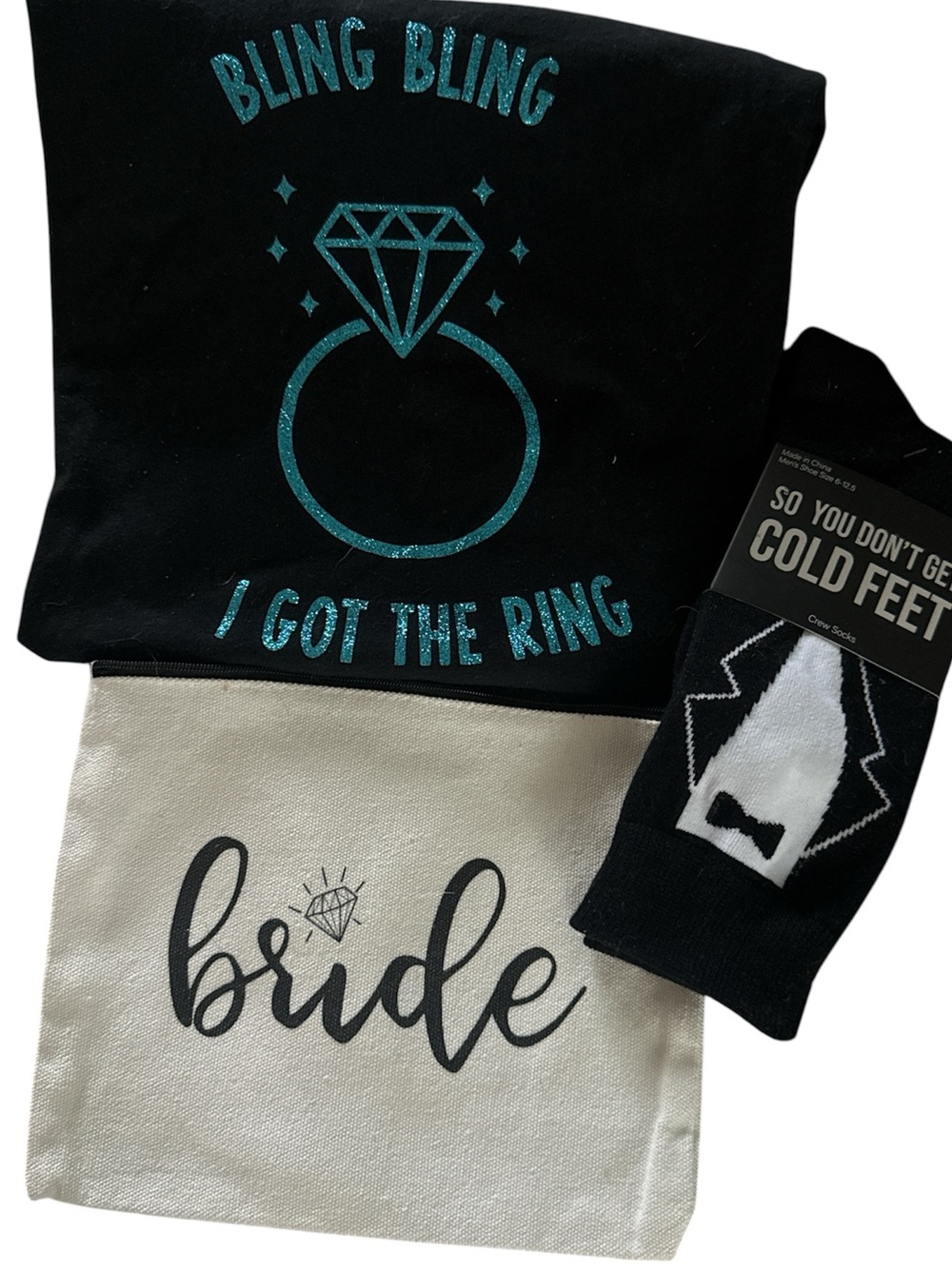 Bridal bundle tshirt small pouch and socks tshirt size medium bride groom